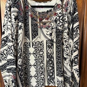 Johnny Was Black and White Printed Silk Long-Sleeve Top with Embroider Neckline